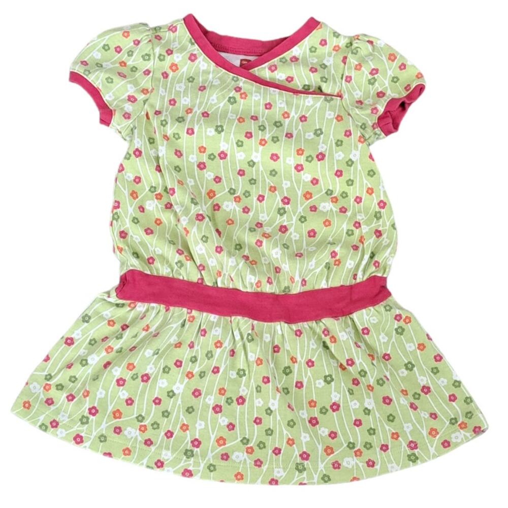 Tea Collection Girls Dress Size 2 Green Floral Cotton Pink Trim Wrap Neck